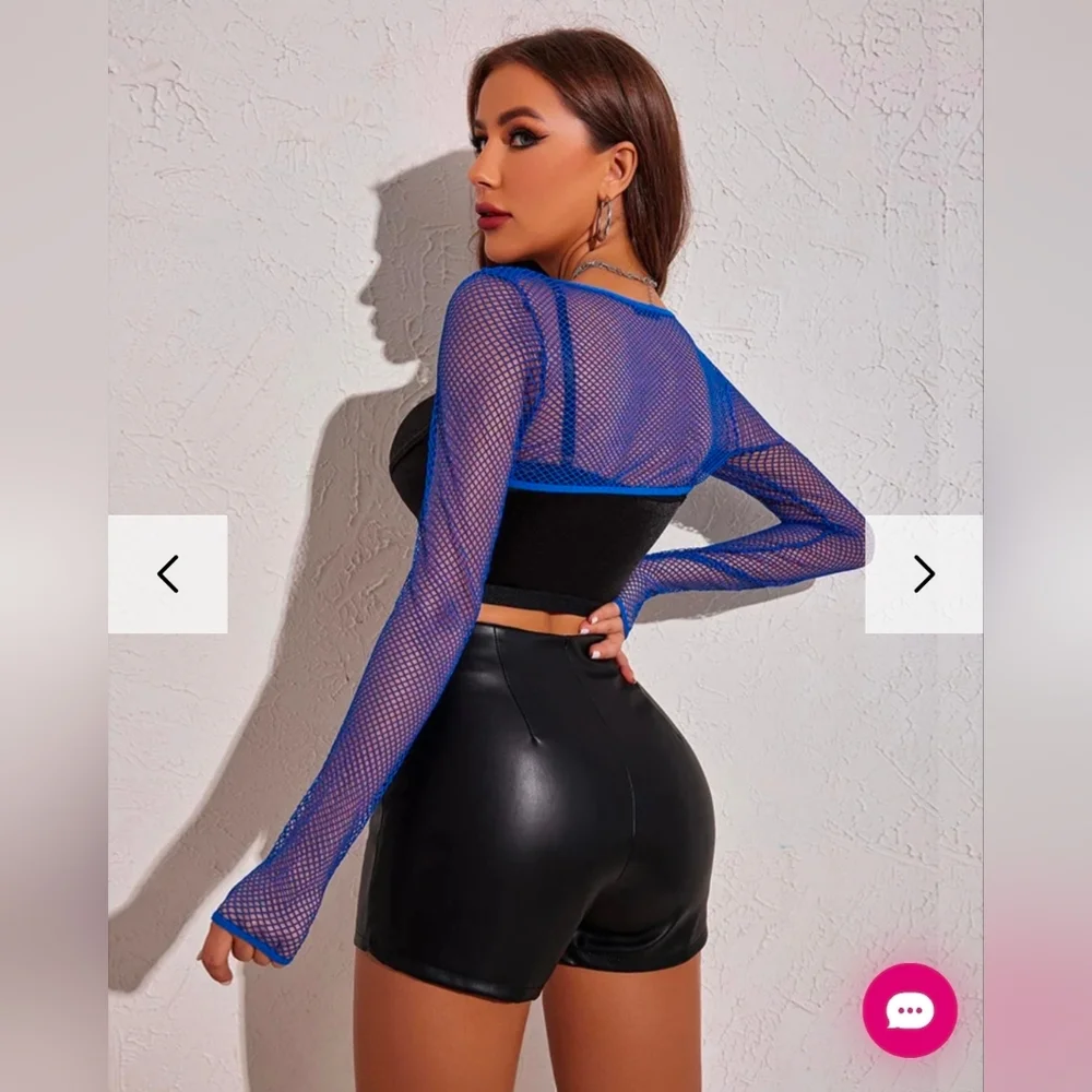 Avidlove Women Fishnet Long Sleeve Crop See Through Shirt Sheer Top Without BRA - Picture 3 of 4